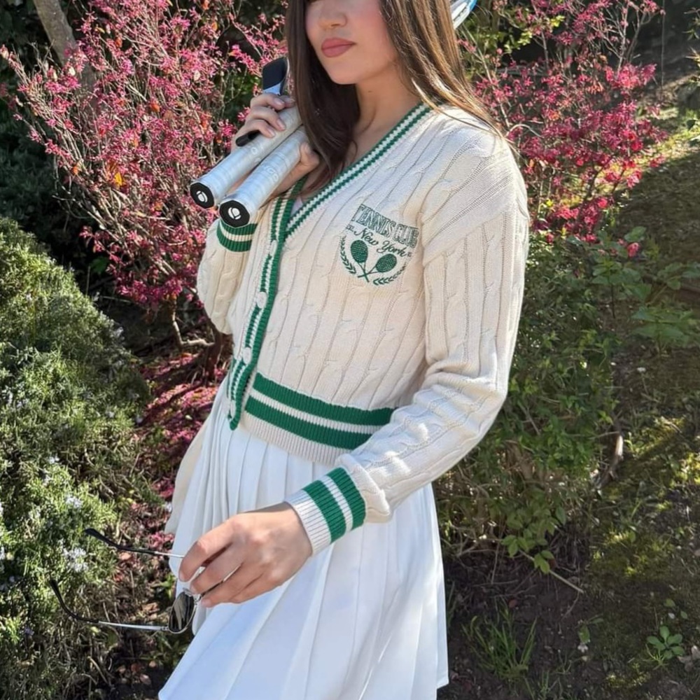 Cream Cable Knit Cardigan with Green Trim, New York Tennis Club
